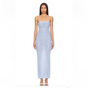 More To Come Cherlee maxi dress blue crochet strapless sheath rosette Revolve S